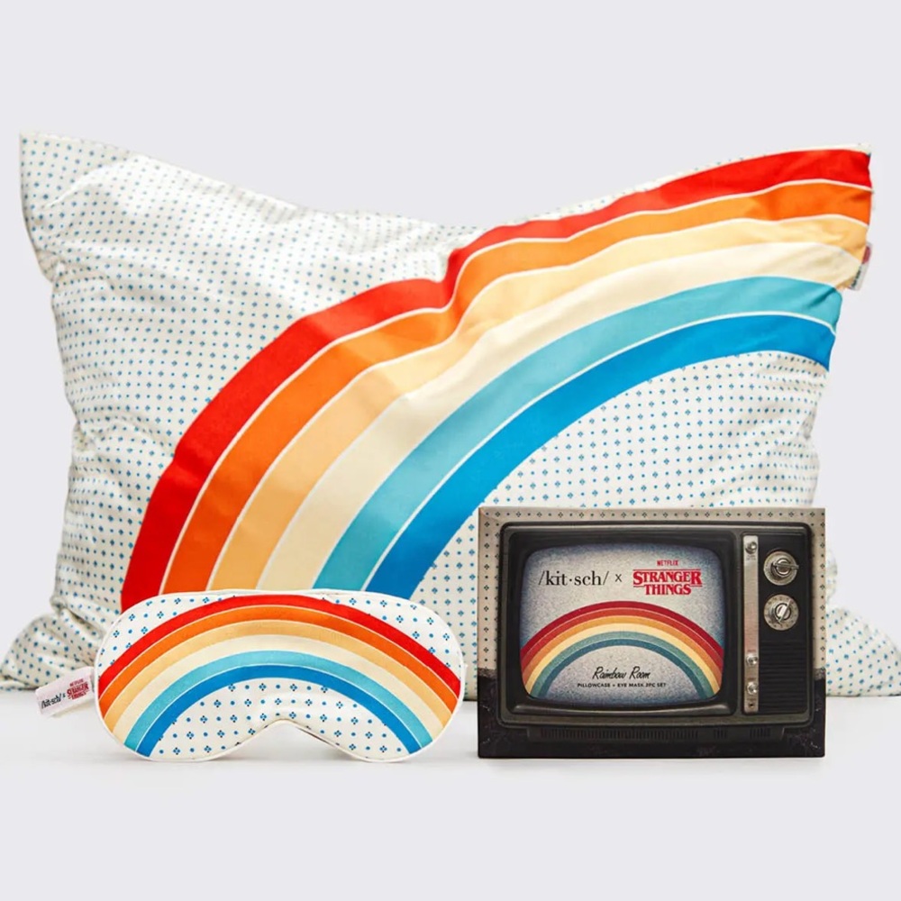 Kitsch x Stranger Things Retro TV Rainbow Set Pillowcase + Eye Mask Set NWT